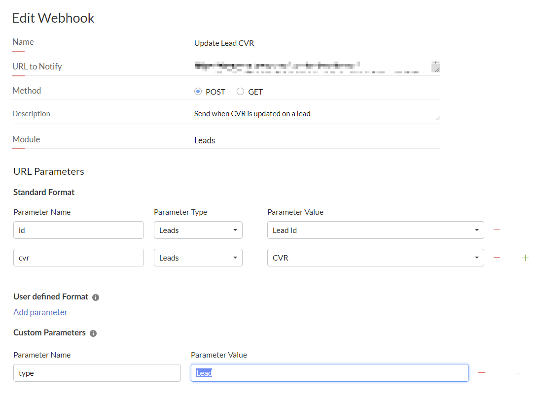 Webhook action configuration for leads